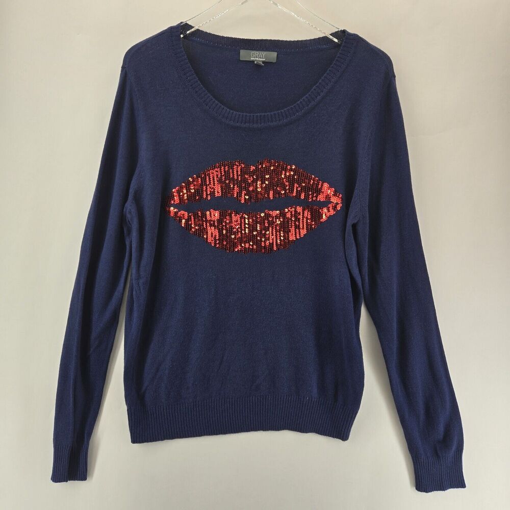 Saks Fifth‎ Ave Sweater Womens Large Sequin Kiss Lips Bling Blue Angora Novelty
